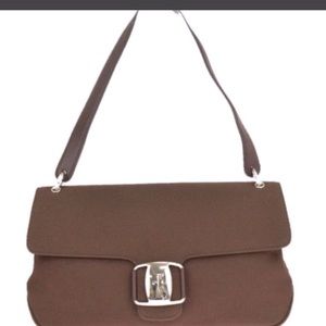 AUTENT SALVATORE FERRAGAMO shoulder bag canvas leather brown/silver